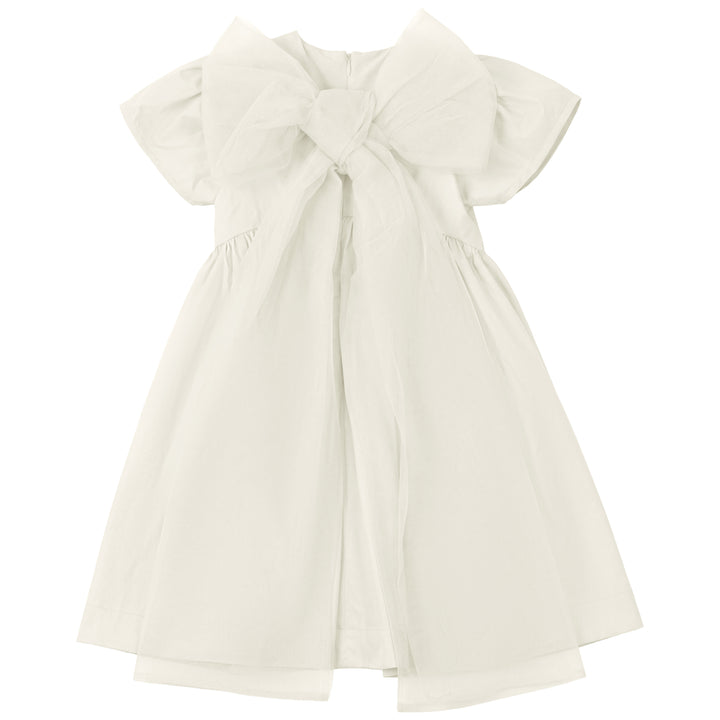 dress 3/4 sleeves high waisted taffeta tulle bow tie in back - cream