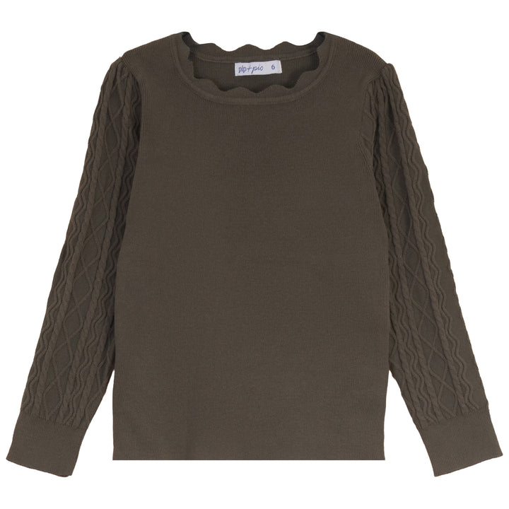 top l/s crochet collar sweater - green