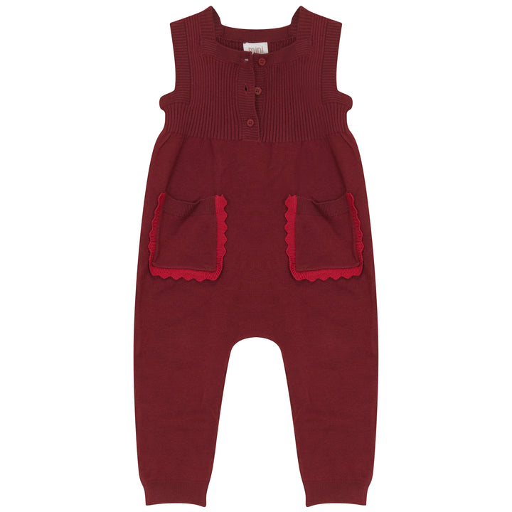 one piece tonal knit scalloped pockets romper - red