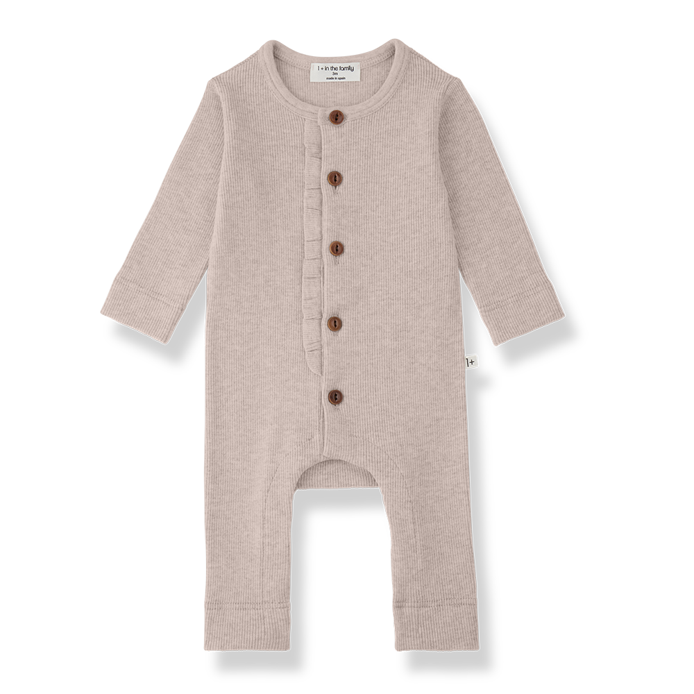 one piece ribbed button down frill long romper with beanie - nude