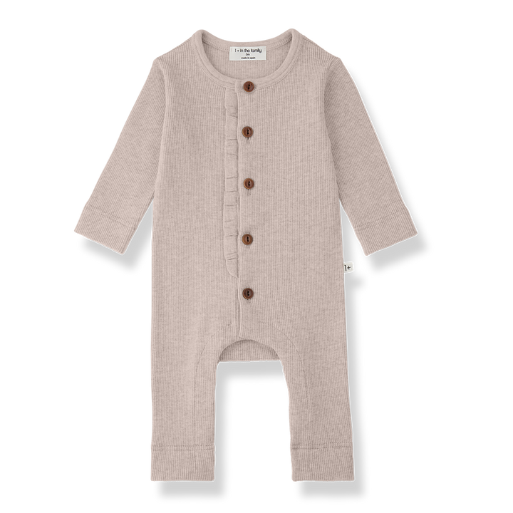 one piece ribbed button down frill long romper with beanie - nude