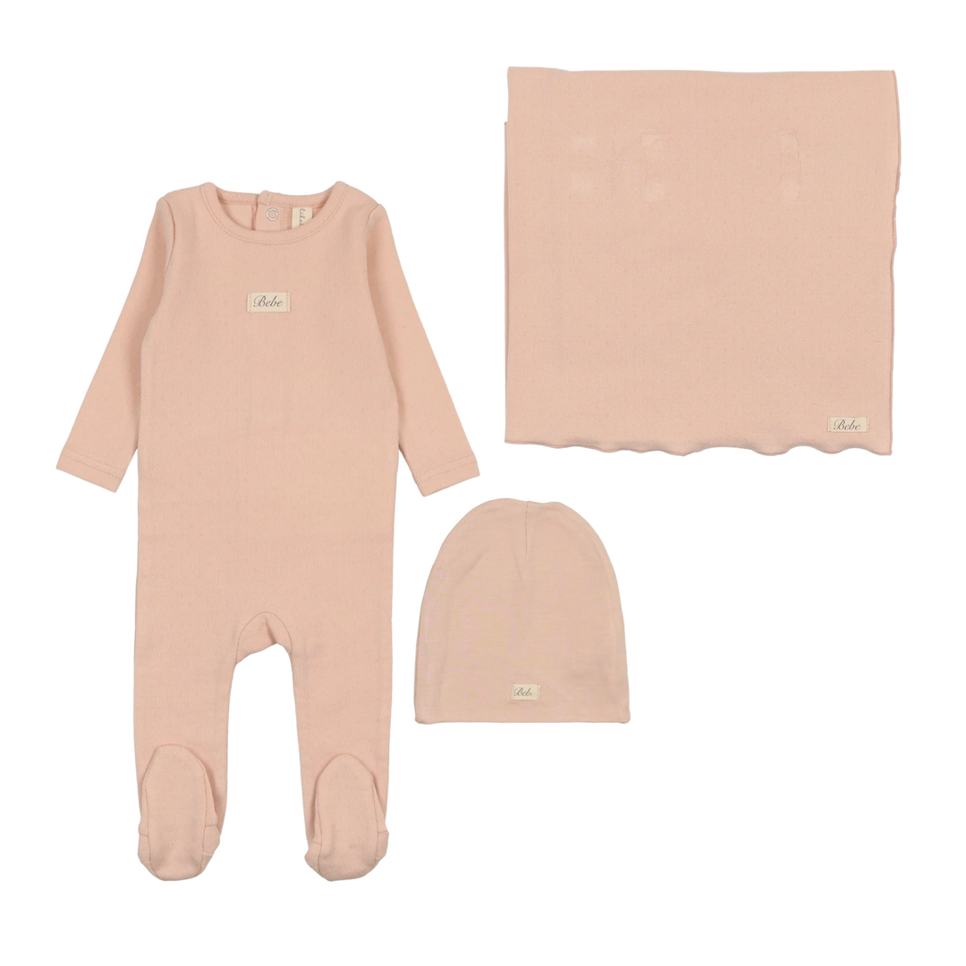set footie pointelle bebe with beanie and blanket - shell pink