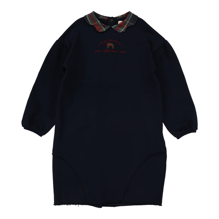 dress embroidered plaid scalloped collar - navy