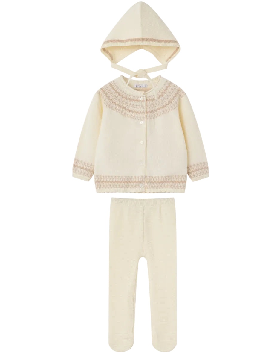 set knit embroidered knit cardigan and footie pants with bonnet - cream