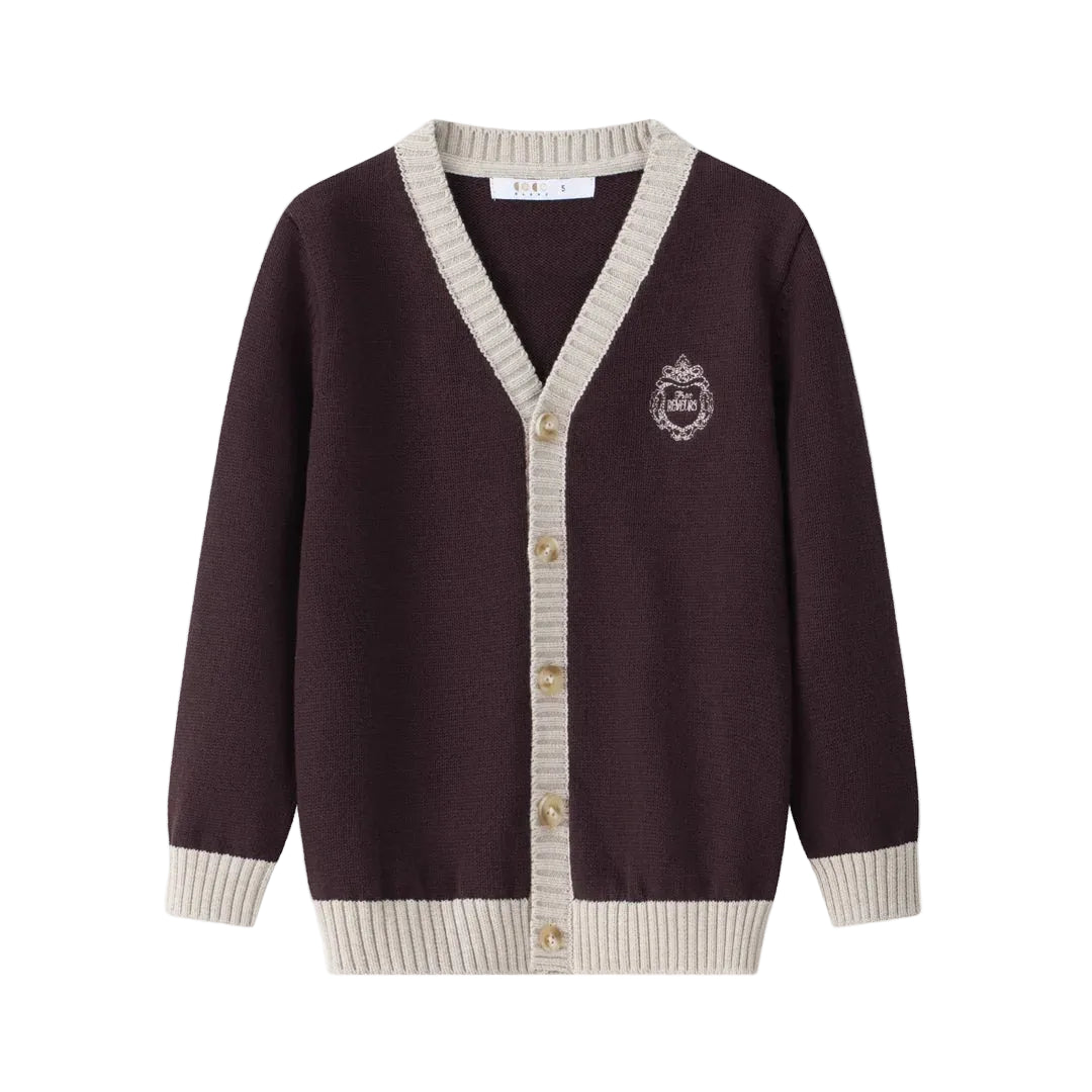 top l/s contrast trim crest v cardigan - burgundy