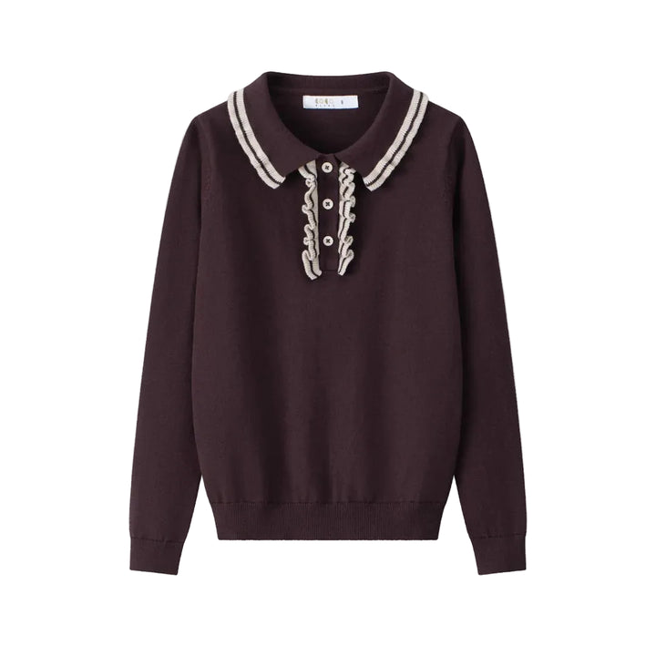 top l/s ruffled collar knit sweater - burgundy