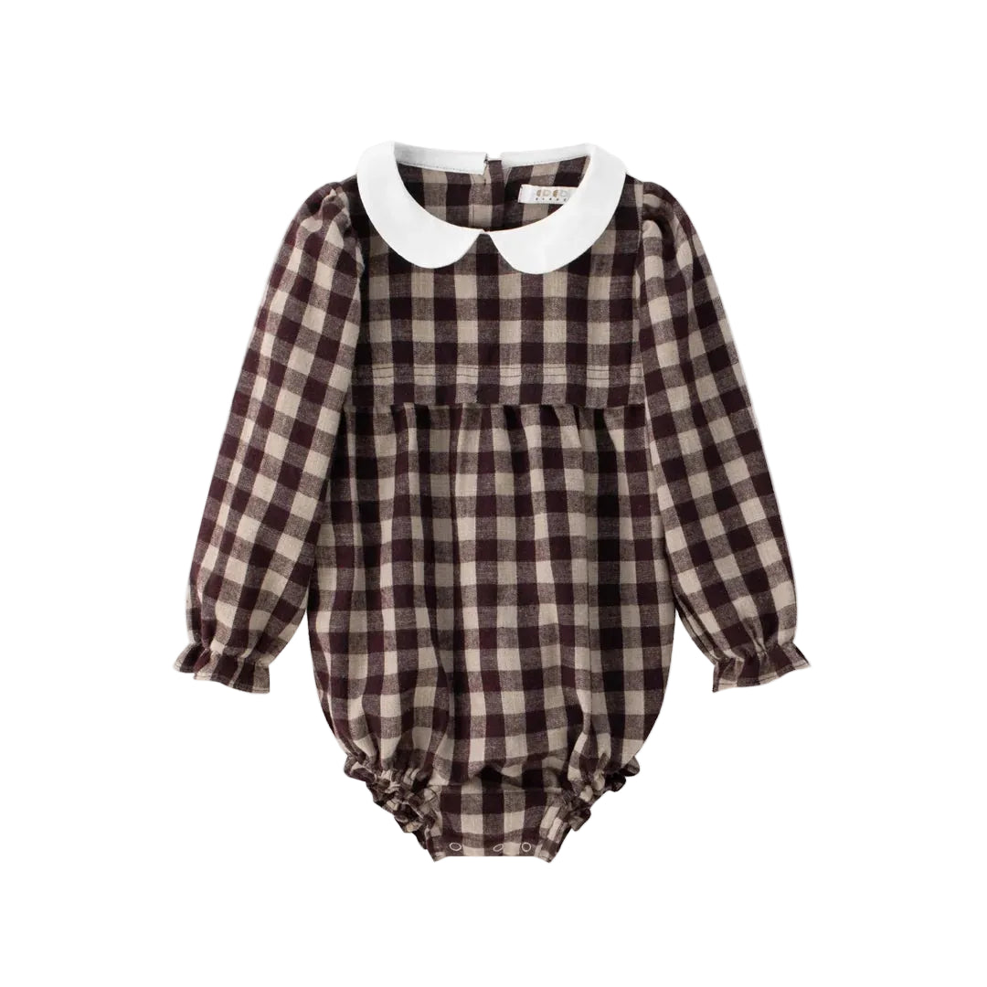 one piece gingham collared romper - burgundy