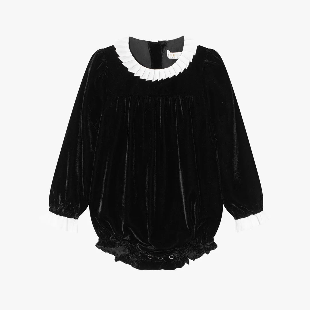 one piece velvet ruffled trim romper - black velvet