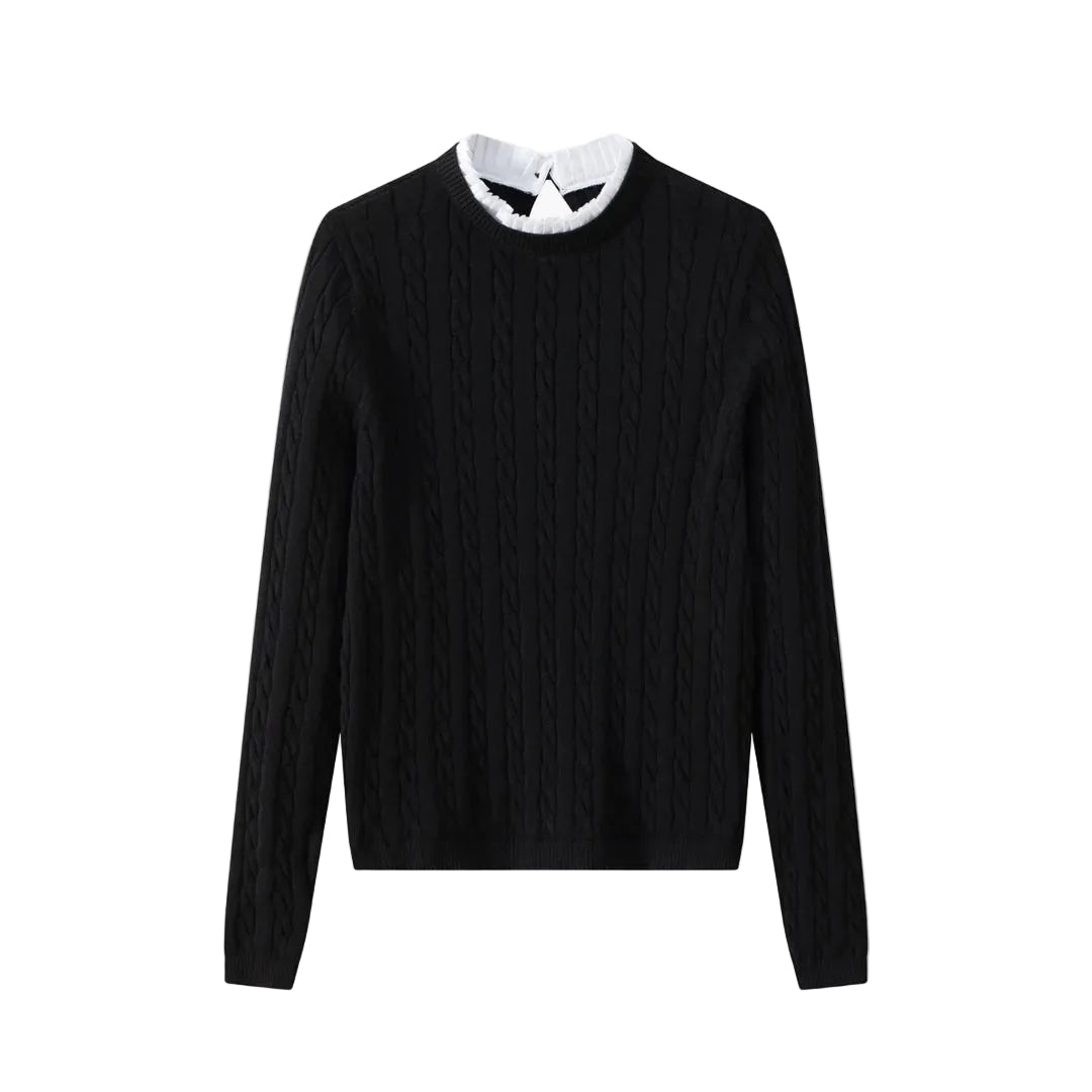 top l/s cable knit sweater with frill neck trim - black
