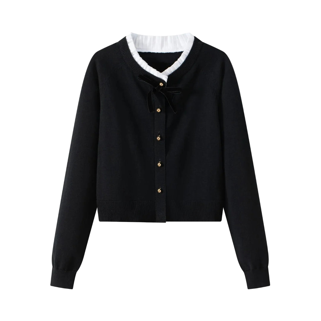 top l/s knit ribbon cardigan with frill neck trim - black