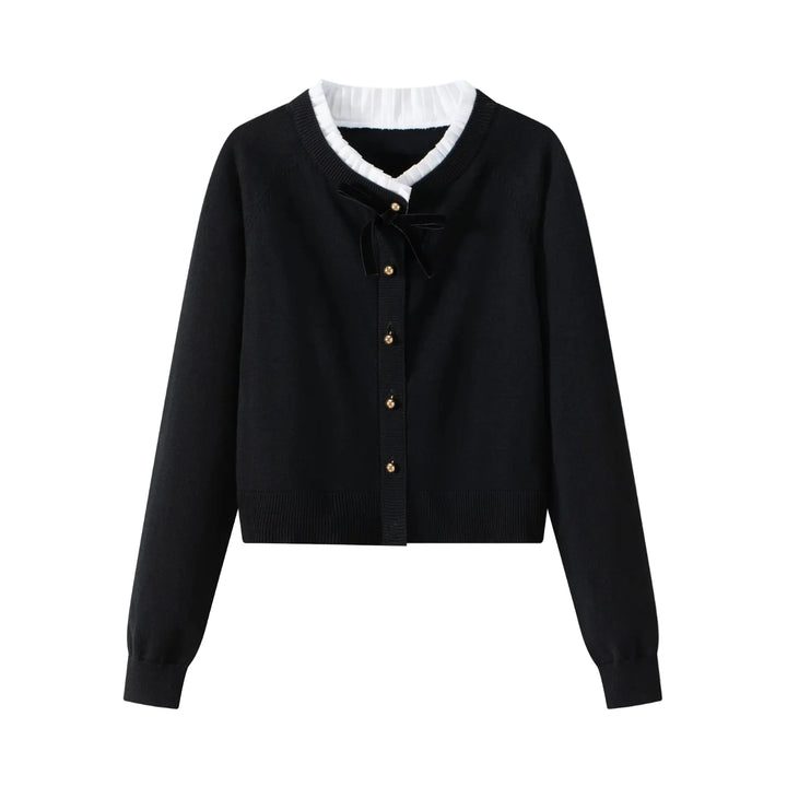 top l/s knit ribbon cardigan with frill neck trim - black
