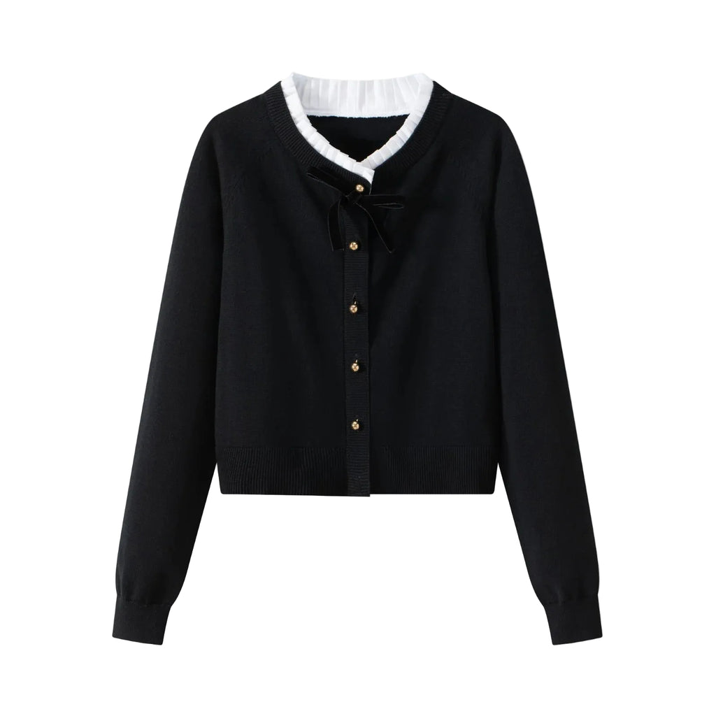 top l/s knit ribbon cardigan with frill neck trim - black – Lily top l/s knit ribbon cardigan with frill neck trim - black – Lily