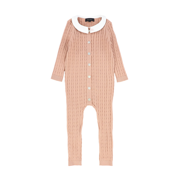 one piece cable knit long overalls with collar - pink