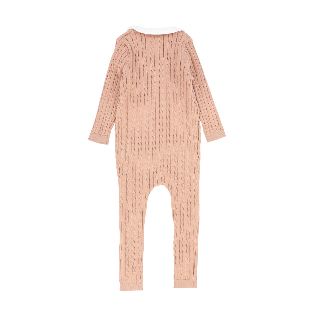 one piece cable knit long overalls with collar - pink