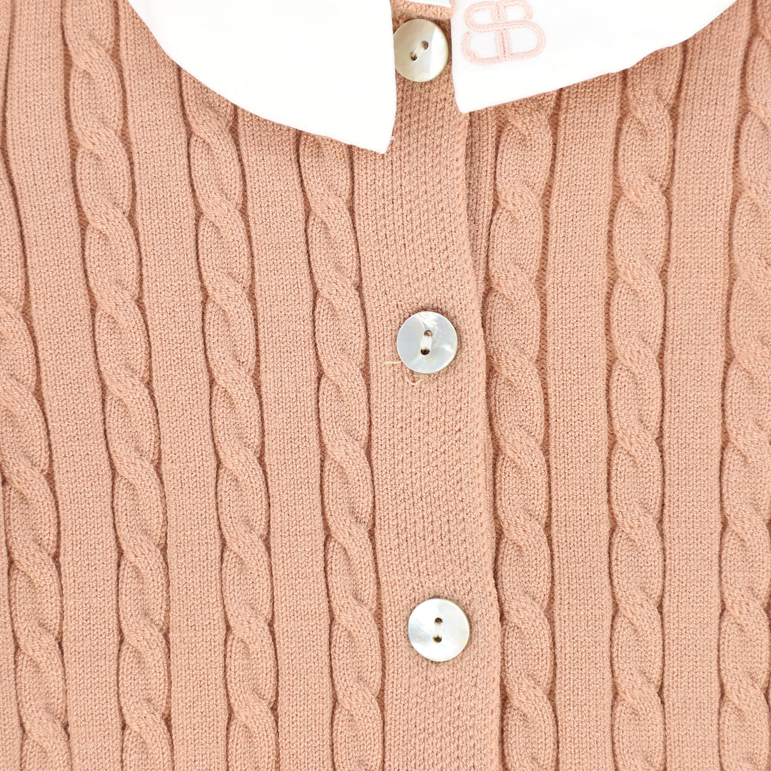 one piece cable knit long overalls with collar - pink