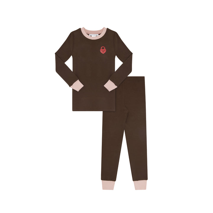 pajamas contrast trim logo top and pants - brown/pink