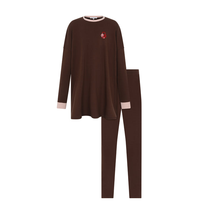 pajamas teen contrast trim logo top and pants - brown/pink