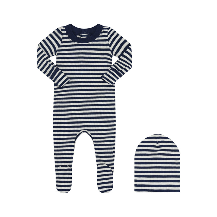 footie ribbed stripe with hat - blue/ivory