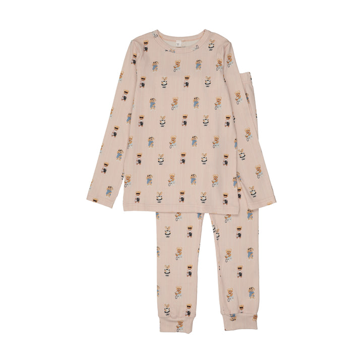 pajamas striped bear print top and pants - pink