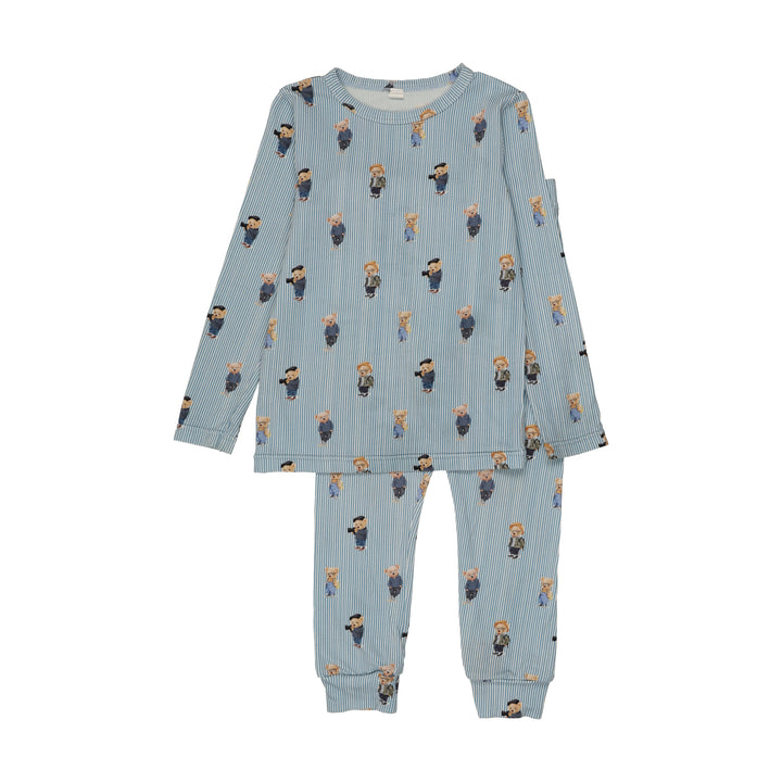 pajamas striped bear print top and pants - blue