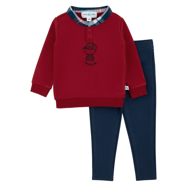 set outfit plaid collared sweatshirt and leggings - blue