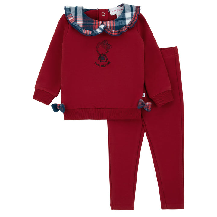 set outfit plaid ruffle collared sweatshirt and leggings - red