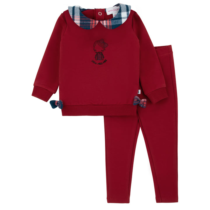 set outfit plaid ruffle collared sweatshirt and leggings - red