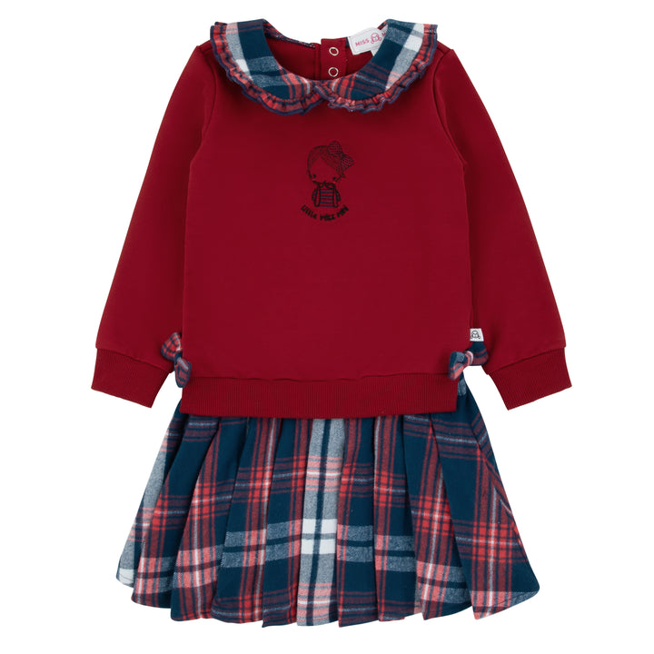 dress plaid pleated with collared sweatshirt - red