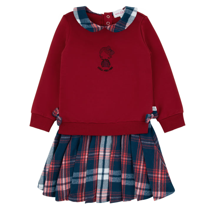 dress plaid pleated with collared sweatshirt - red