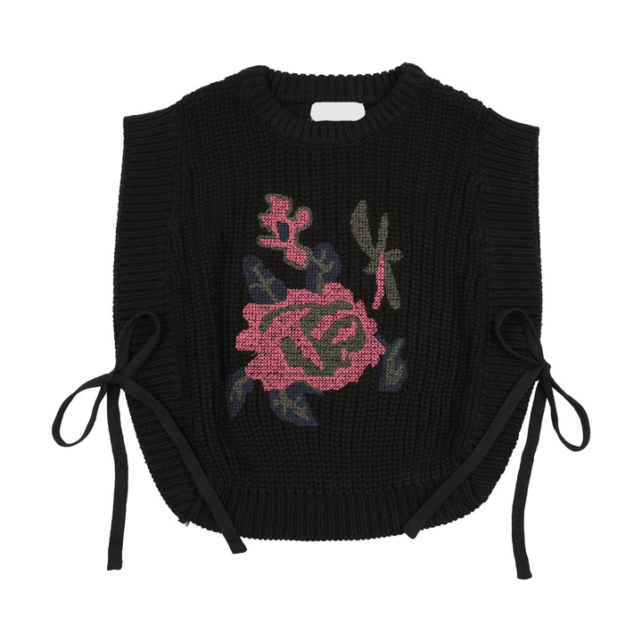 vest cropped knit floral embroidered with side ties - black