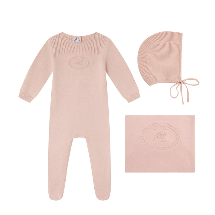 set knit footie embossed emblem with cardigan bonnet and blanket - pink