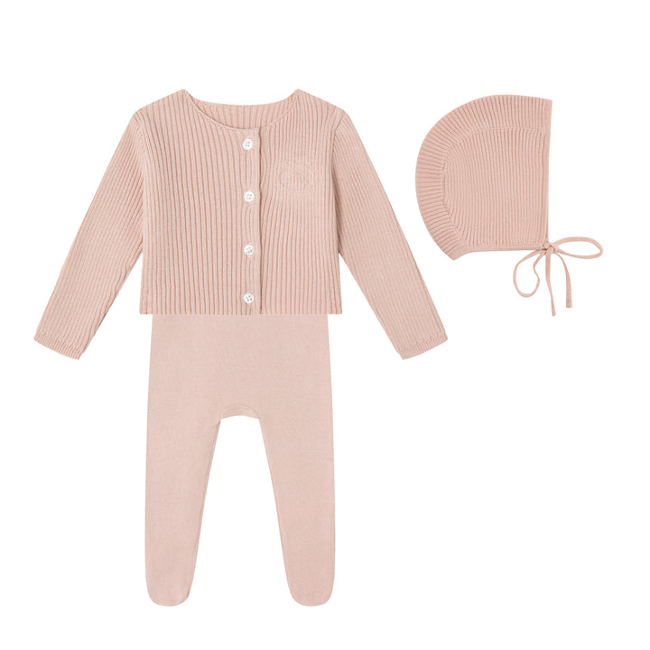 set knit footie embossed emblem with cardigan and bonnet - pink