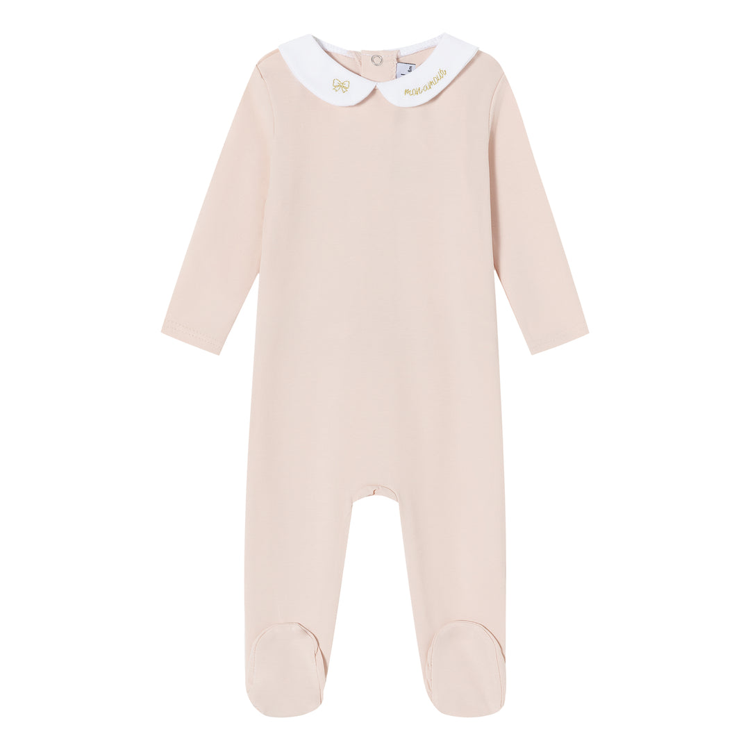 footie metallic collared emberoidery with knit wrap and bonnet - pink