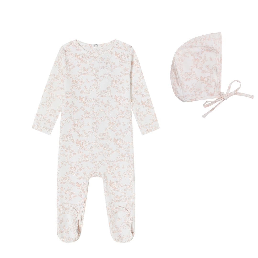 footie toile butterfly print with bonnet - pink