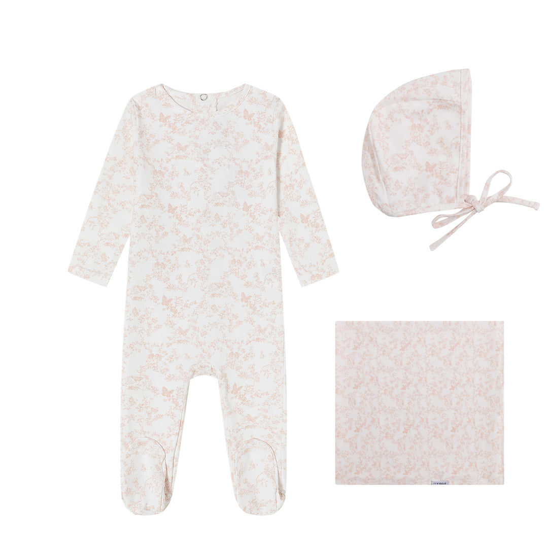 set footie toile butterfly print with bonnet and blanket - pink