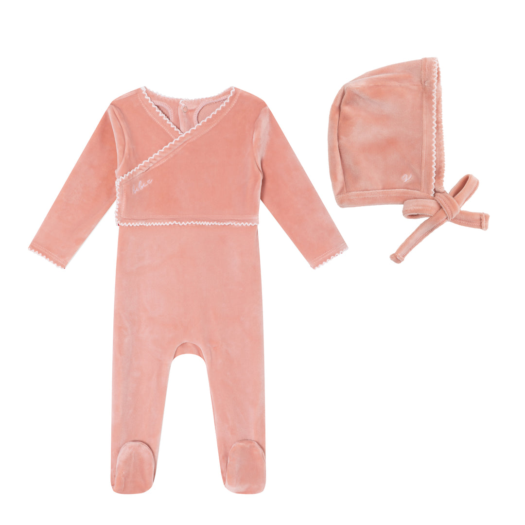 footie velour bebe with bonnet - pink