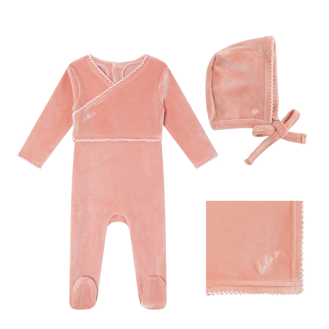 set footie velour bebe with bonnet and blanket - pink
