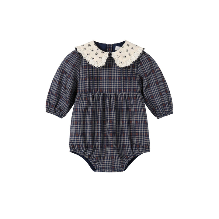 one piece bubble plaid romper with floral collar - navy/burgundy