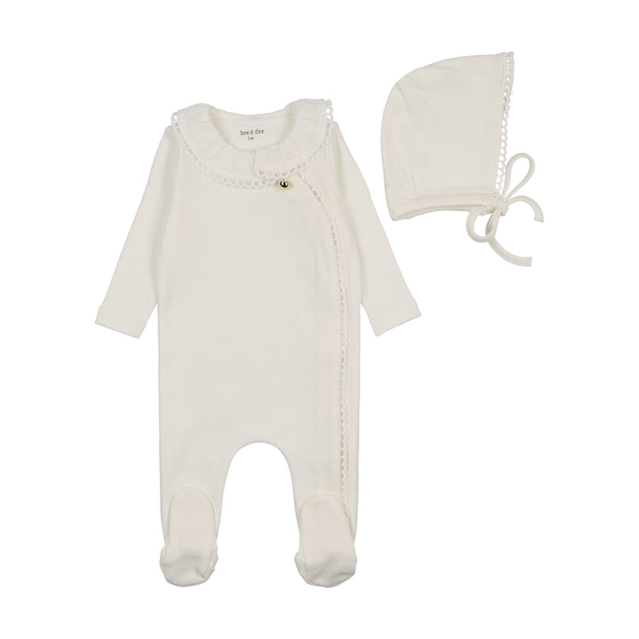 set footie pleated collar wrap with bonnet and blanket - chalk white