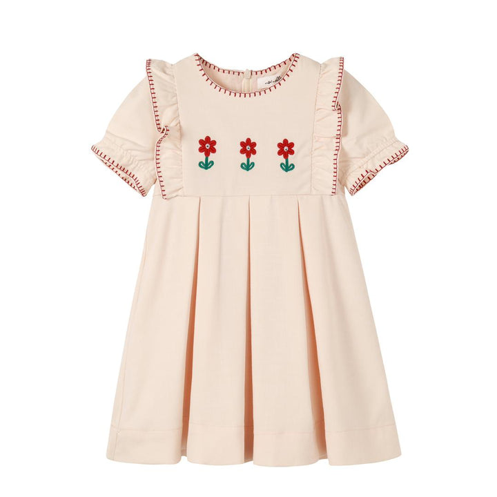 dress pleated embroidered flutter - peach
