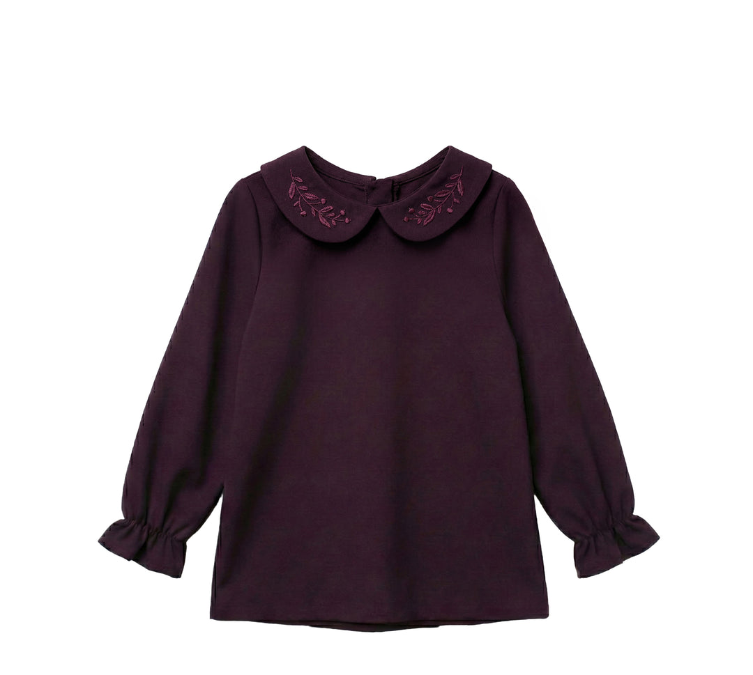 shirt l/s vintage wool embroidered peter pan collar - plum