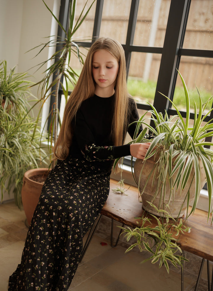 skirt floral pleated - black