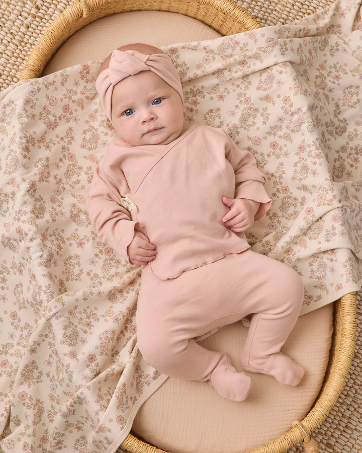 set knit wrap top and footie pants with knot beanie - dusty rose