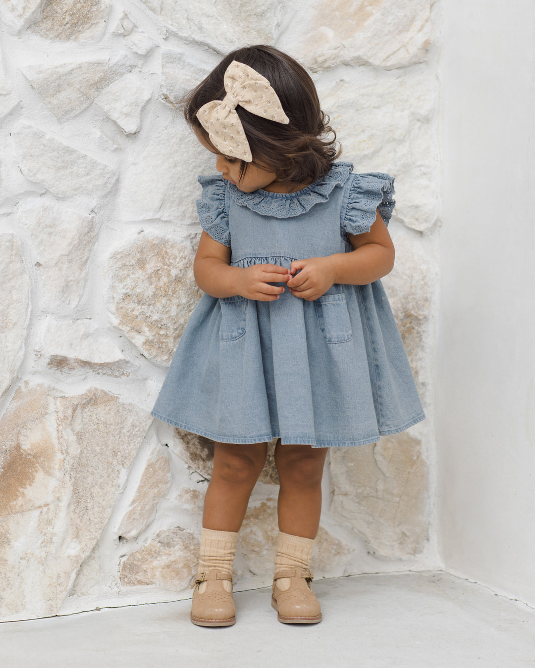 dress washed eyelet detail with attached bloomers - chambray