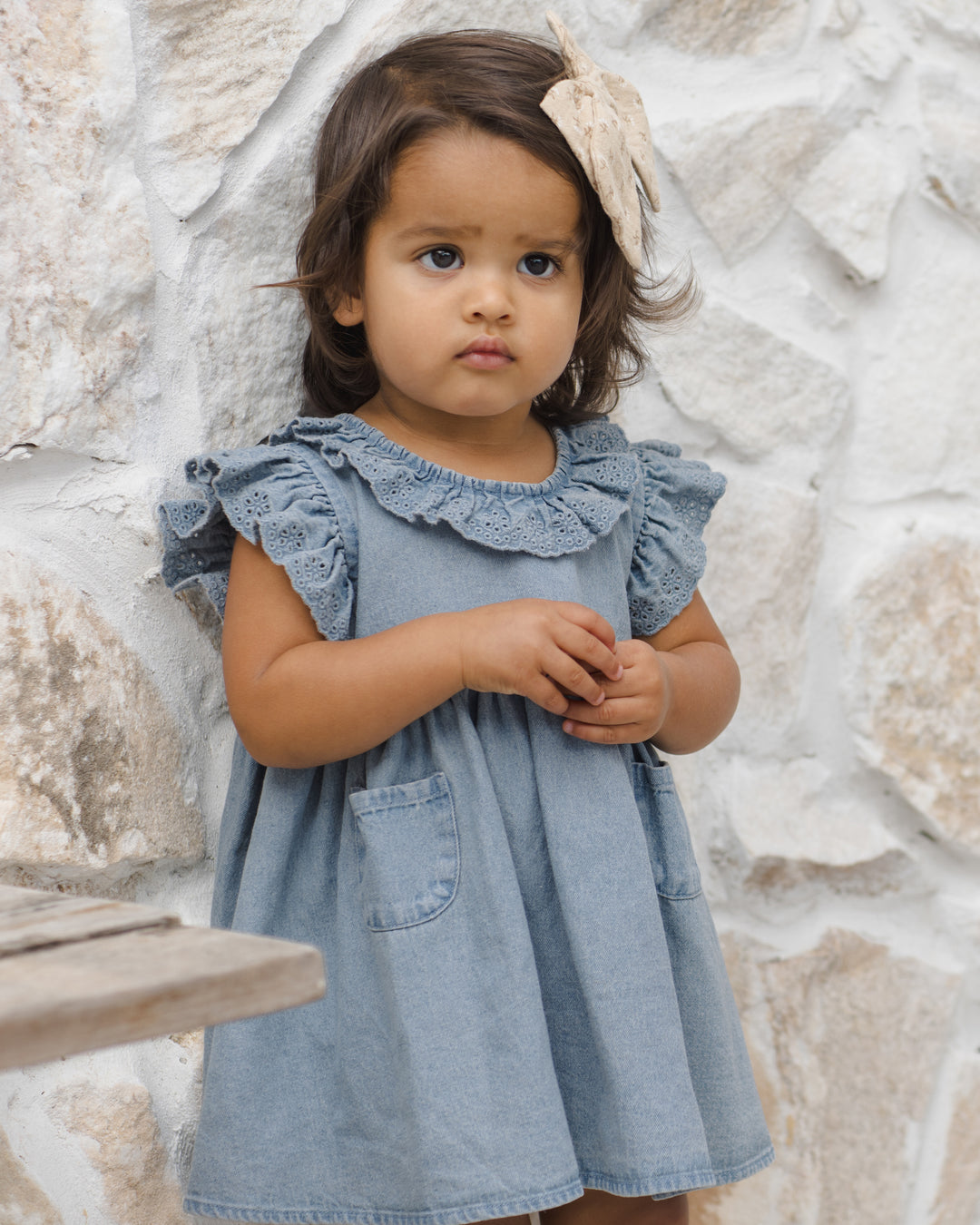 dress washed eyelet detail with attached bloomers - chambray