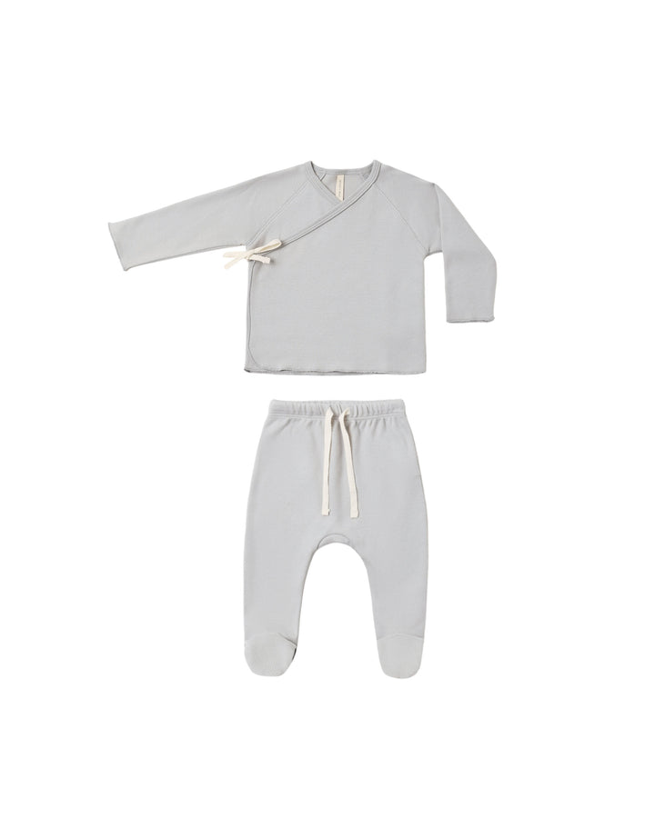 set knit wrap top and footie pants with knot beanie - cloud