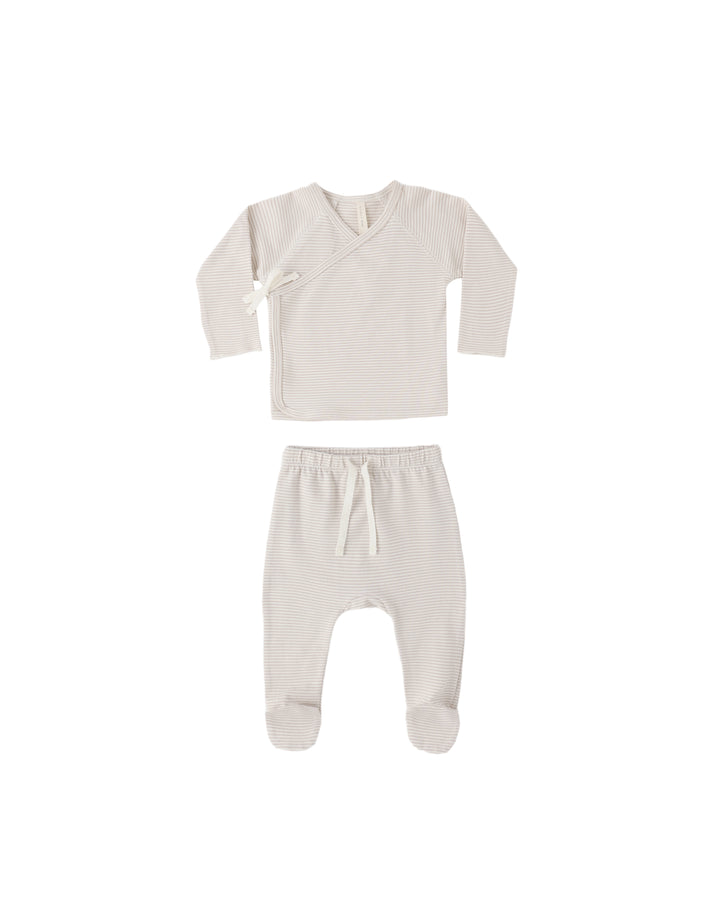 set knit micro striped wrap top and footie pants with beanie - oat