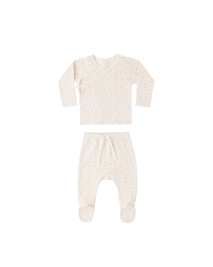 set knit ditsy floral wrap top and footie pants with beanie - ivory