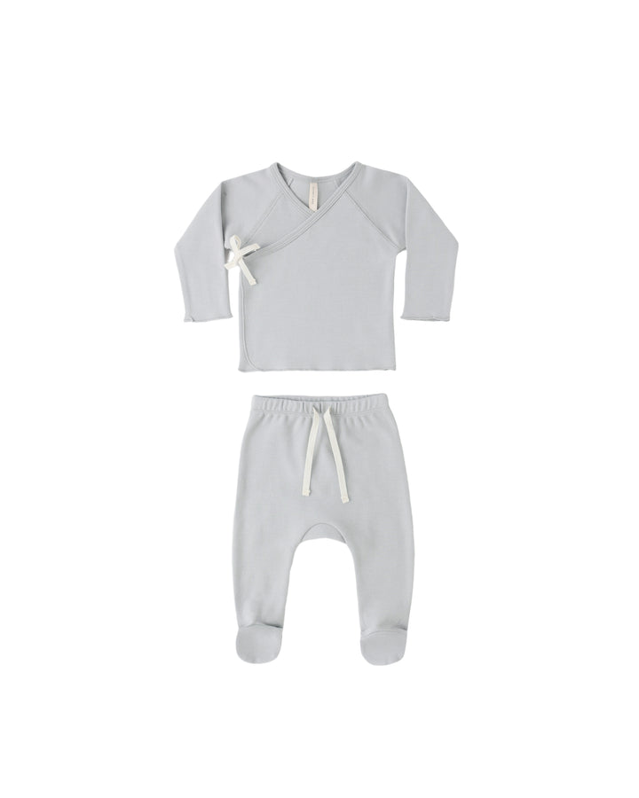 set knit wrap top and footie pants with beanie - sky