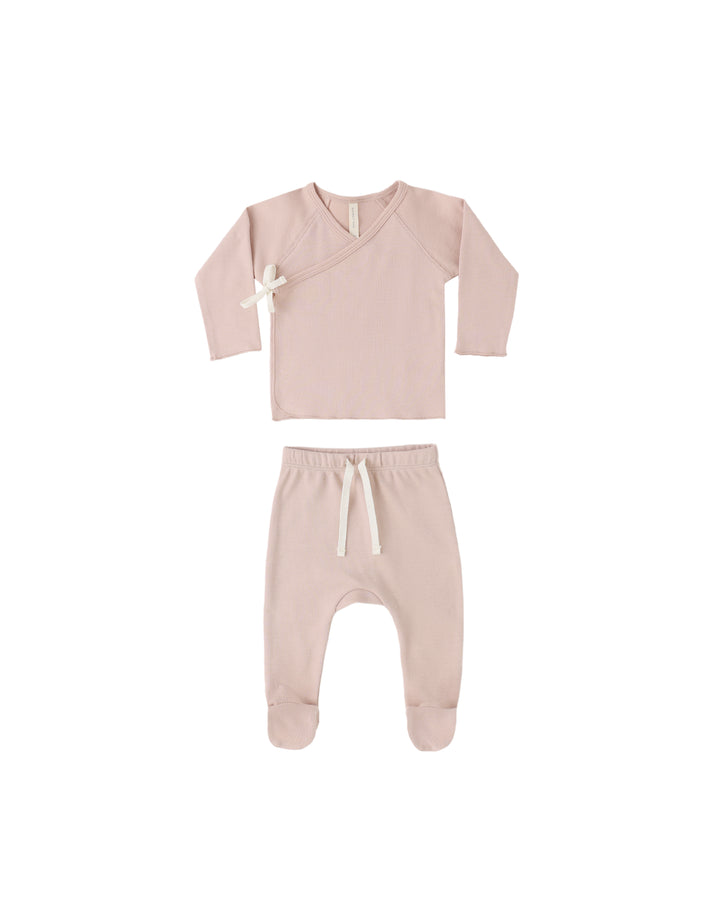 set knit wrap top and footie pants with beanie - blush